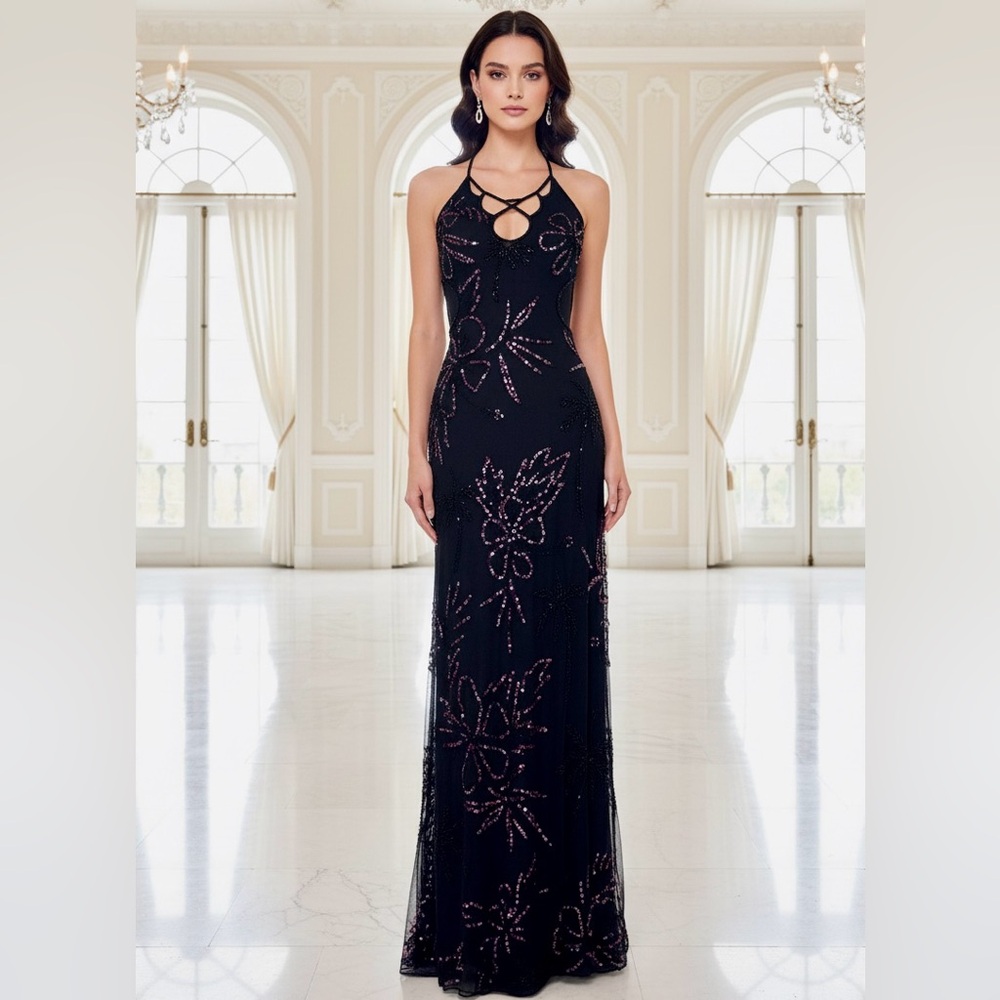 Attitudes by Debra chic black‎ with fuchsia hand beaded long Dress